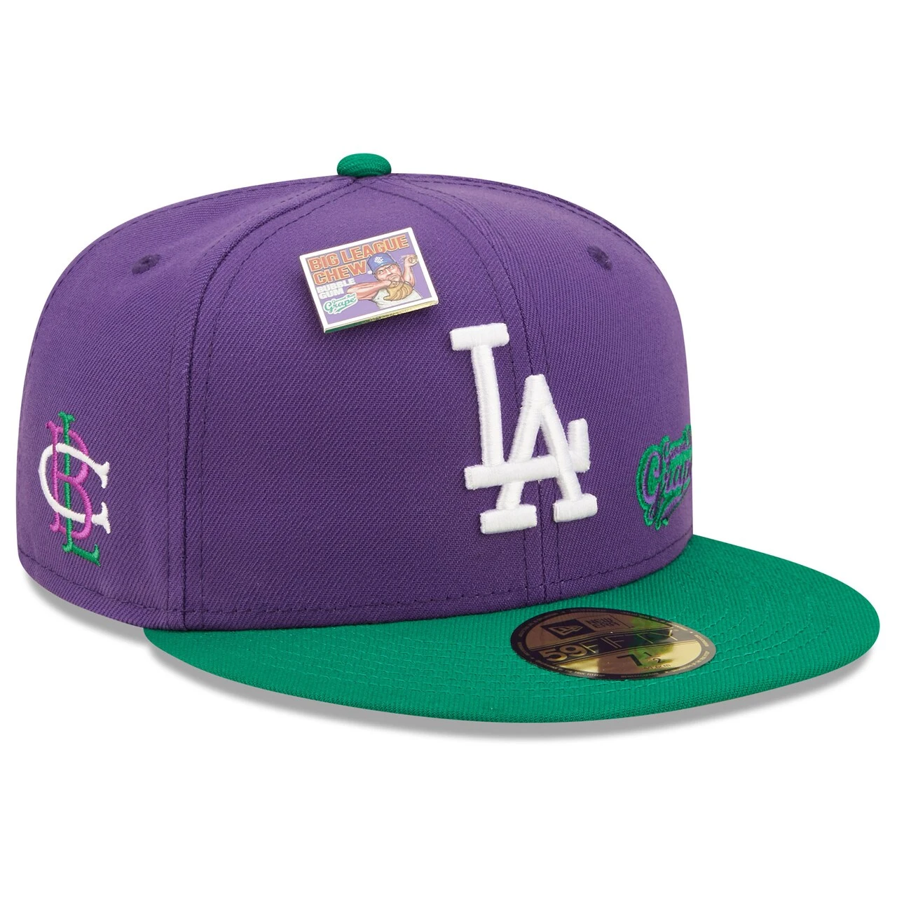 New Era X Big League Chew Men's Los Angeles Dodgers New Era Purple/Green MLB X Big League Chew Ground Ball Grape Flavor Pack 59FIFTY Fitted Hat 3 New Era X Big League Chew Men's Los Angeles Dodgers New Era Purple/Green MLB X Big League Chew Ground Ball Grape Flavor Pack 59FIFTY Fitted Hat
