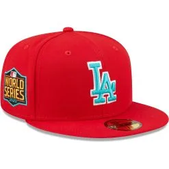 Men's Los Angeles Dodgers New Era Scarlet 2020 World Series Teal Undervisor 59FIFTY Fitted Hat