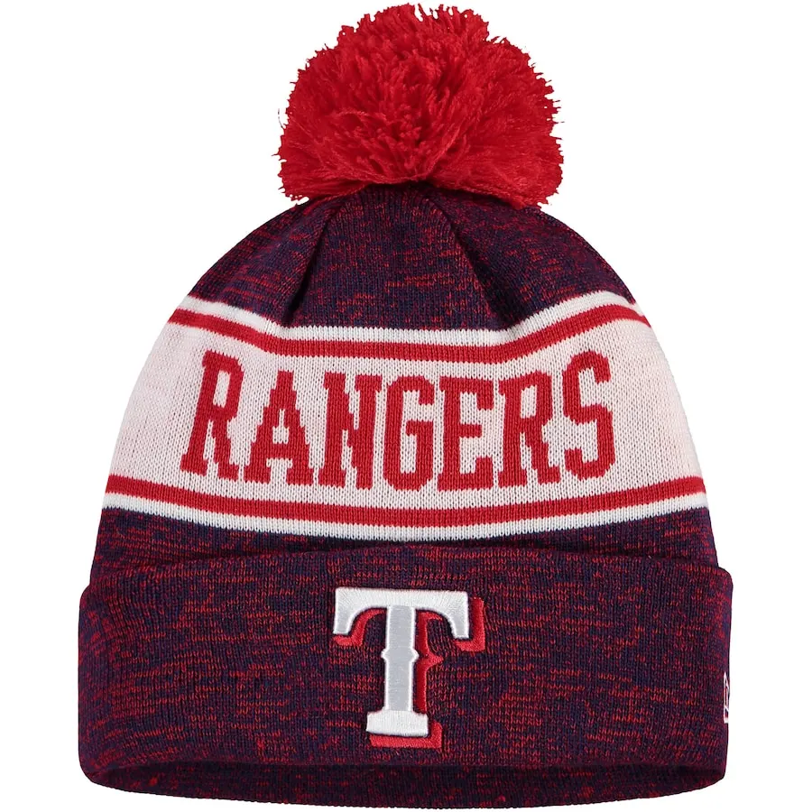 Men's Texas Rangers New Era Royal/Red Banner Cuffed Knit Hat With Pom 3 Men's Texas Rangers New Era Royal/Red Banner Cuffed Knit Hat With Pom