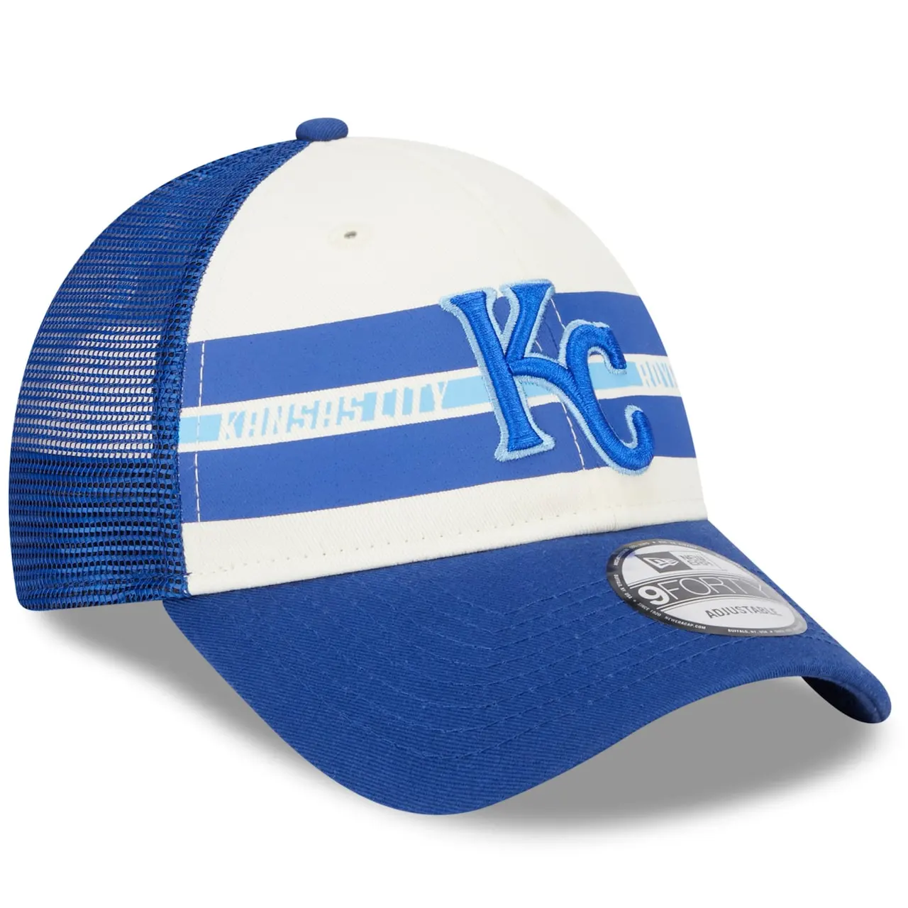 Men's Kansas City Royals New Era White/Royal Team Stripe Trucker 9FORTY Snapback Hat 5 Men's Kansas City Royals New Era White/Royal Team Stripe Trucker 9FORTY Snapback Hat - Image 3