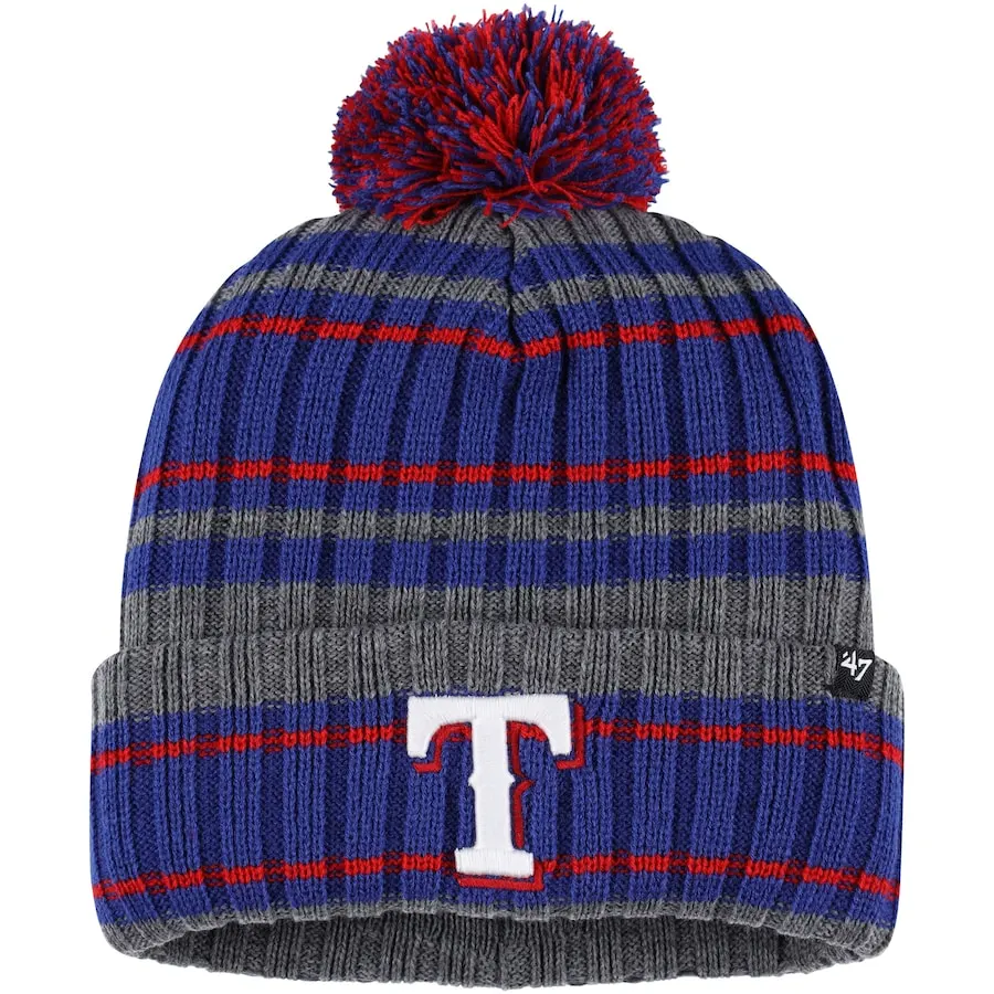 Men's Texas Rangers '47 Gray/Royal Rexford Cuffed Knit Hat With Pom 3 Men's Texas Rangers '47 Gray/Royal Rexford Cuffed Knit Hat With Pom